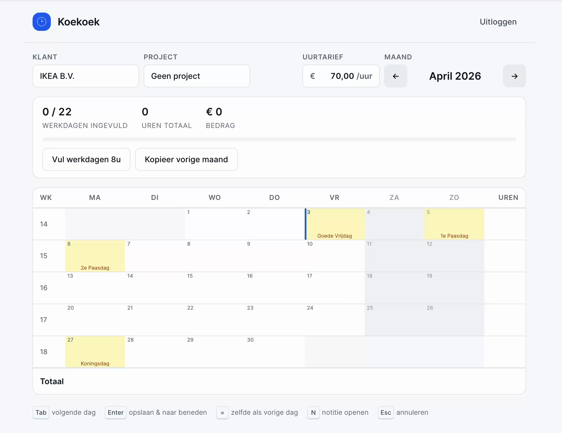 Screenshot van het Koekoek weekoverzicht met urenregistratie